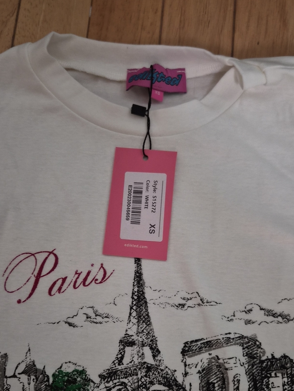 Edikted White Tee with Pink Paris Script and Black Sketch